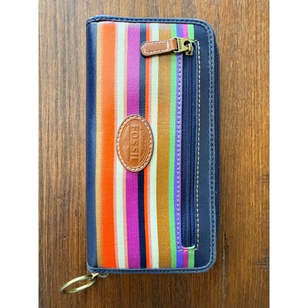 Fossil Keyper Striped Canvas Zip Wallet in Navy, Orange, Brown, Purple, Green